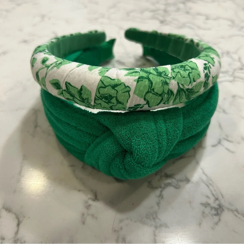Lot of 2 Green Headbands Terry Cloth & Floral Print